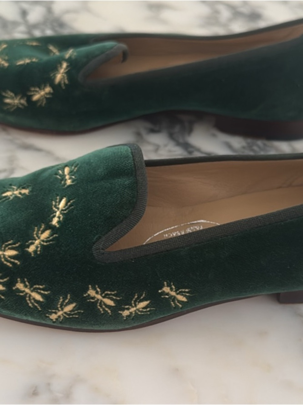 Stubbs & Wooton Green Velvet Embroidered Women's Loafers VINTAGE - Picture 5 of 9